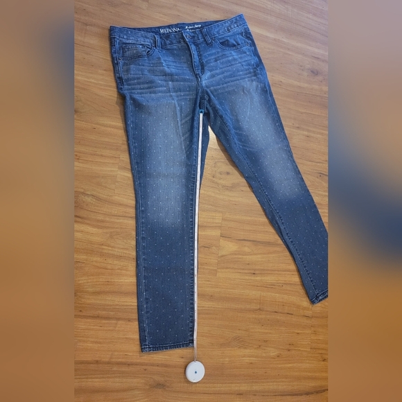 Womens Merona EUC size 12 modern skinny polka dot distressed cropped blue Jeans - Picture 2 of 7